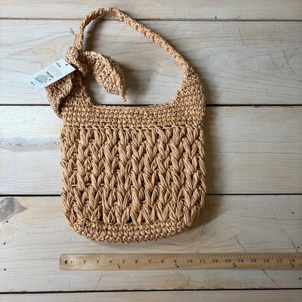 A New Day NWT Women's Straw Woven Tie-Top Shoulder Bag Light Brown Adj Strap - Picture 4 of 8